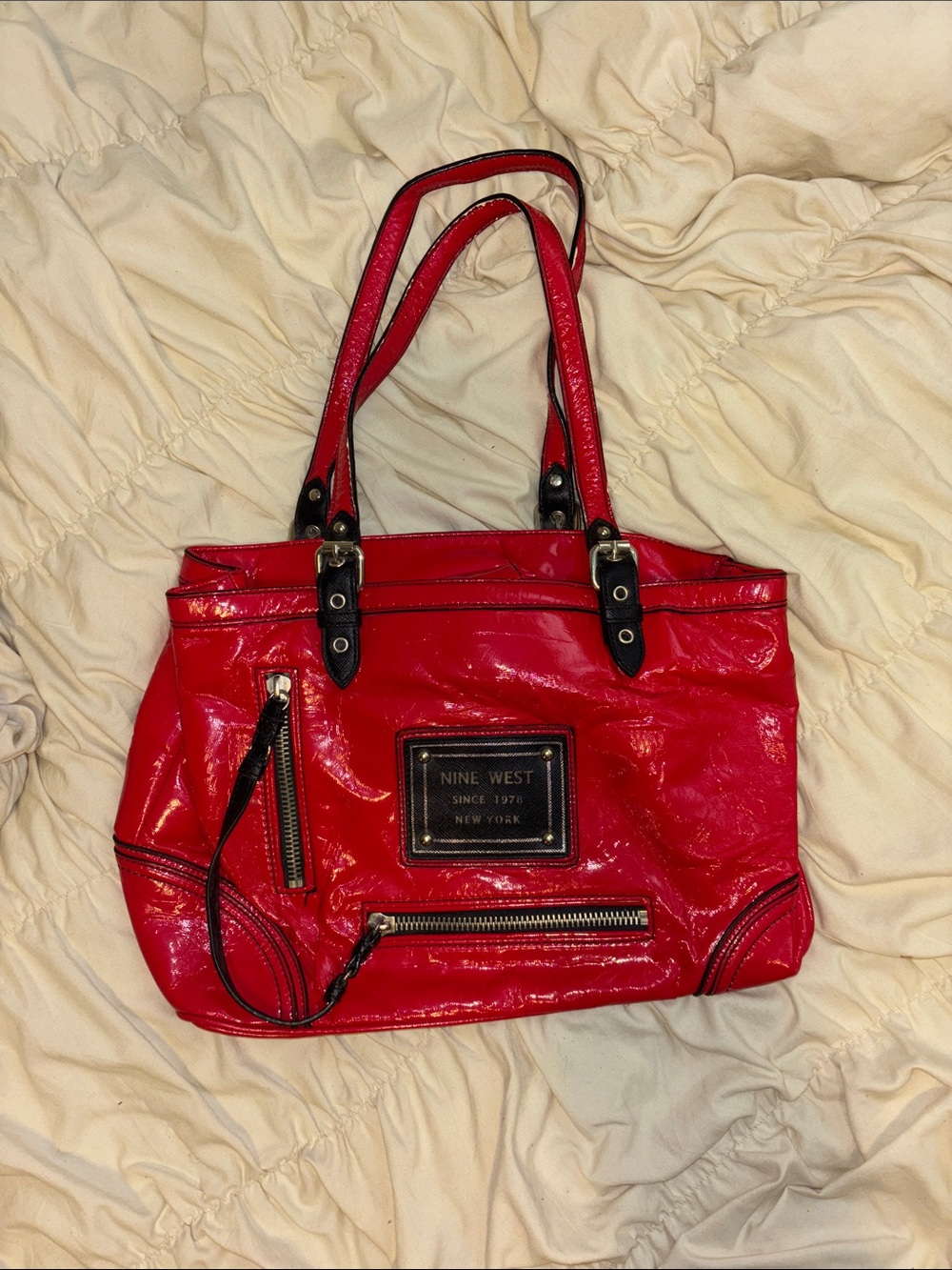 Nine West Red Patent Tote with Black Trim